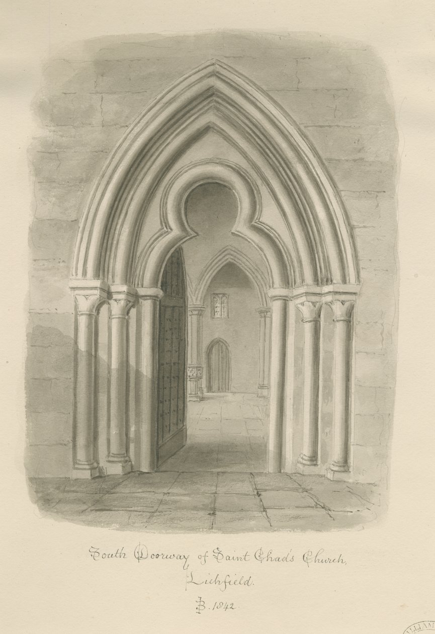 Lichfield - St. Chadin kirkon eteläinen portti: seepiapiirros tekijältä John Buckler