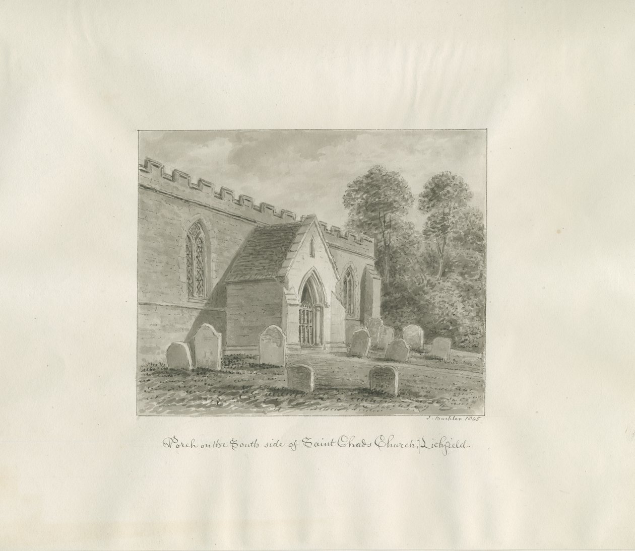 Lichfield - St. Chadin kirkon eteläkuisti: seepiapiirros tekijältä John Buckler