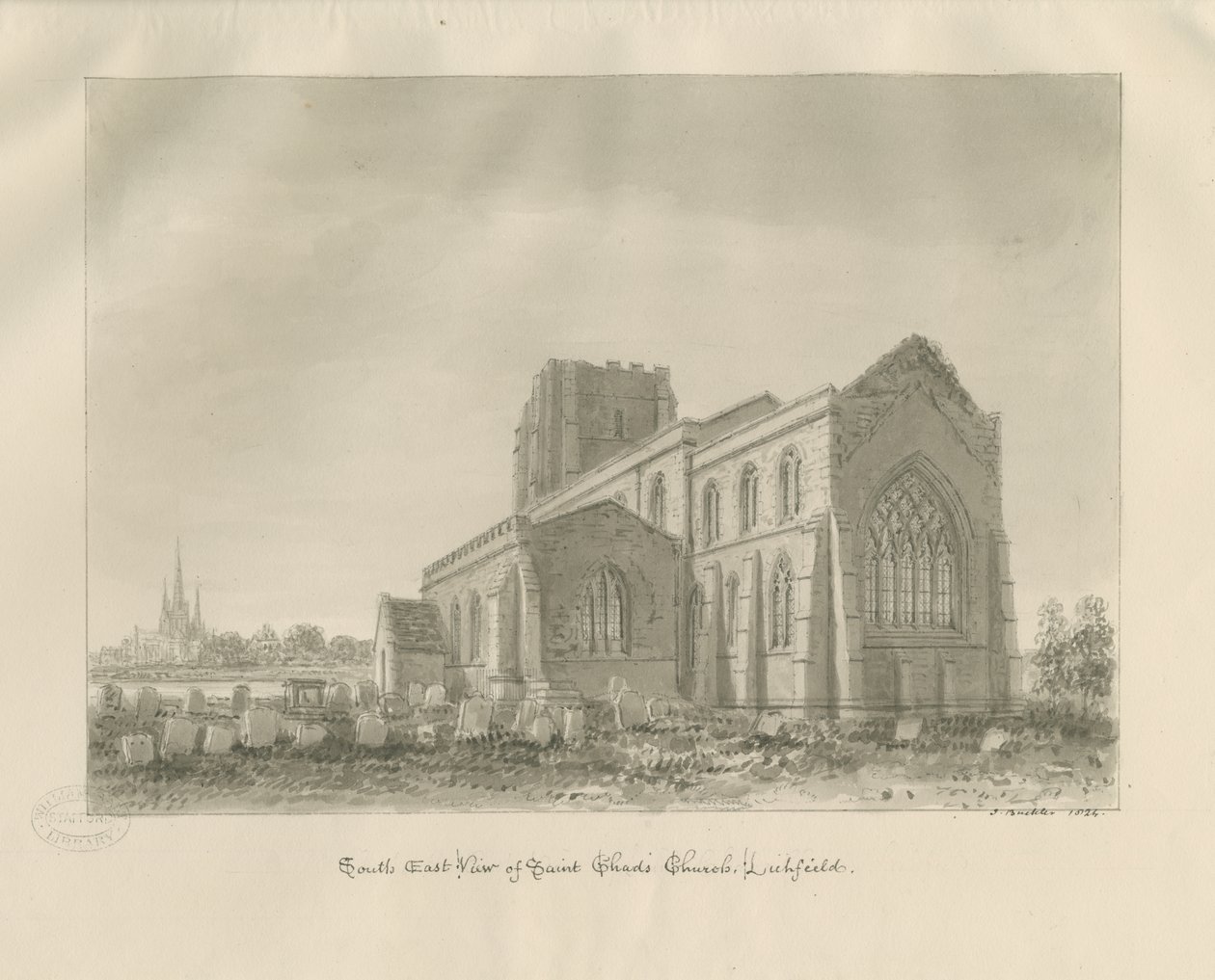 Lichfield - St. Chadin kirkko: seepiapiirros tekijältä John Buckler
