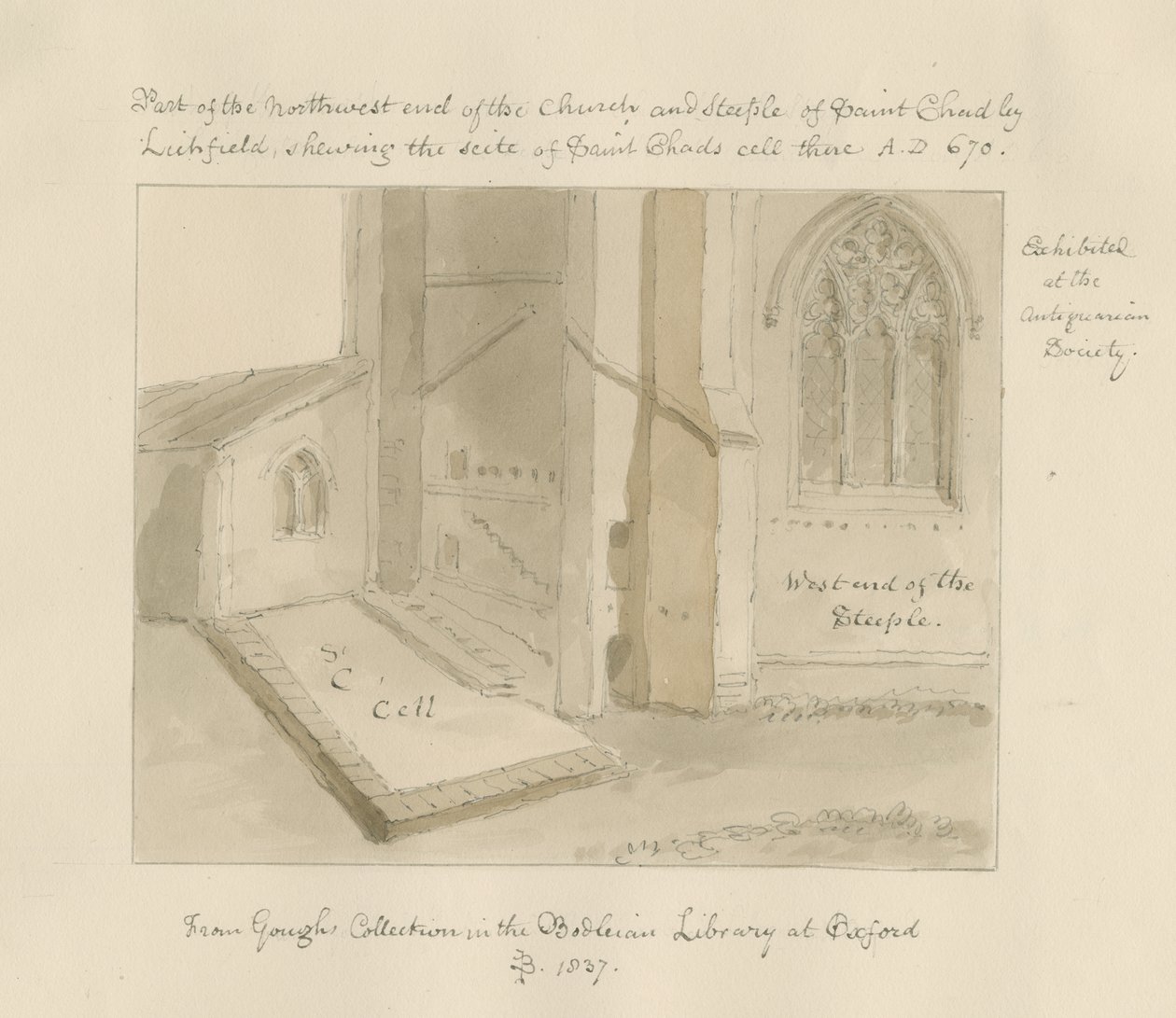 Lichfield - St. Chadin kirkko: seepiapesupiirros tekijältä John Buckler