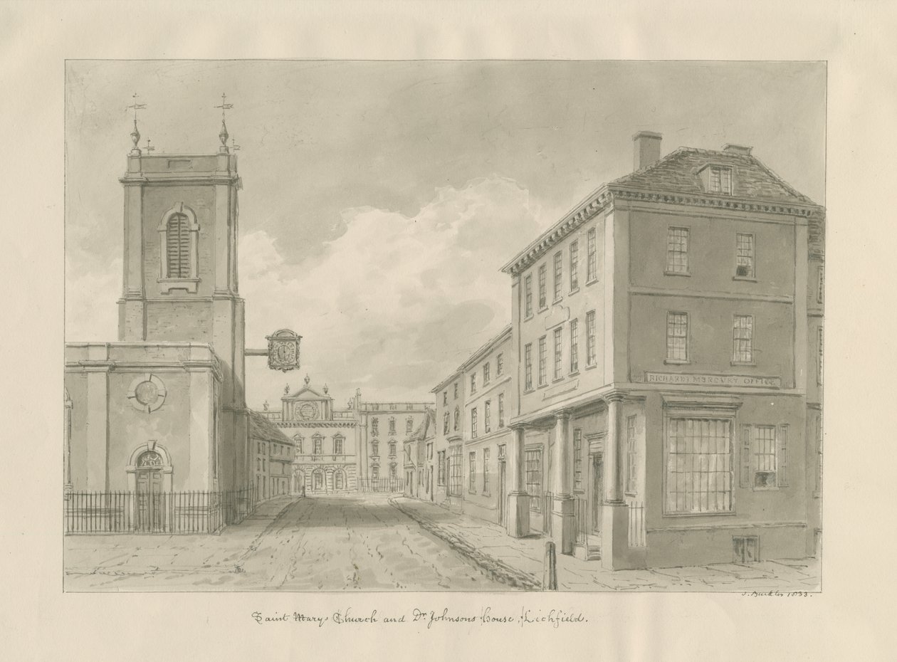 Lichfield - Pyhän Marian kirkko: seepiapiirros, 1833 tekijältä John Buckler