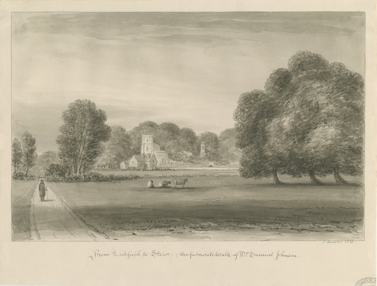 Lichfield - Stowe: seepiapiirustus, 1841 tekijältä John Buckler