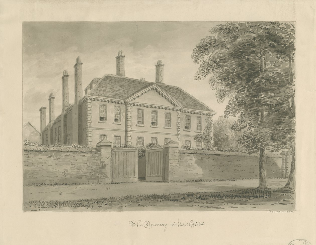 Lichfield - The Deanery in The Close: seepiapiirustus, 1838 tekijältä John Buckler
