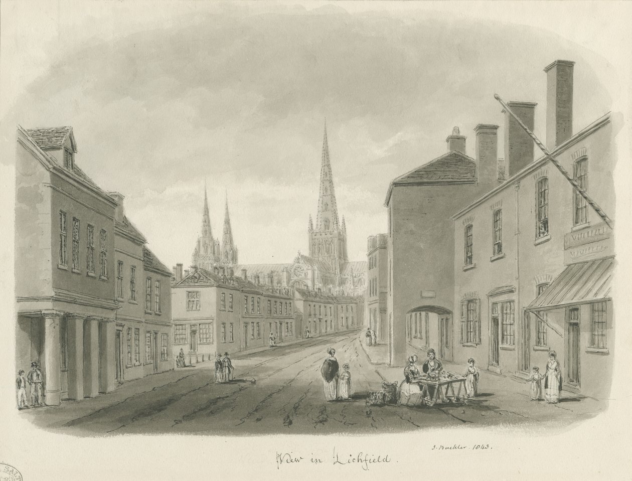 Lichfield - Katunäkymä: seepiapiirros, 1843 tekijältä John Buckler