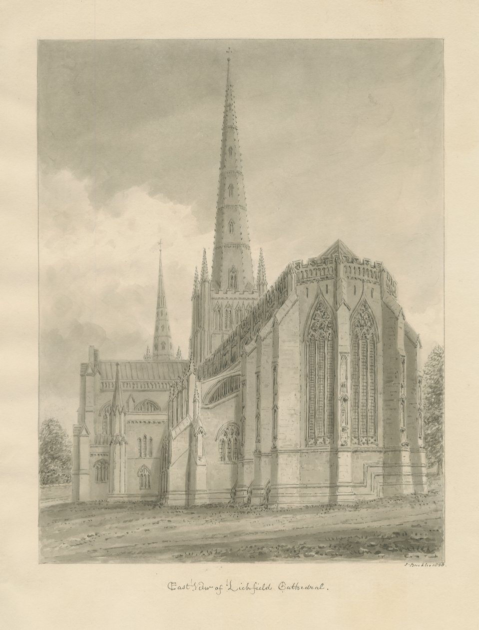 Lichfieldin katedraali - East View: seepiapiirustus, 1838 tekijältä John Buckler