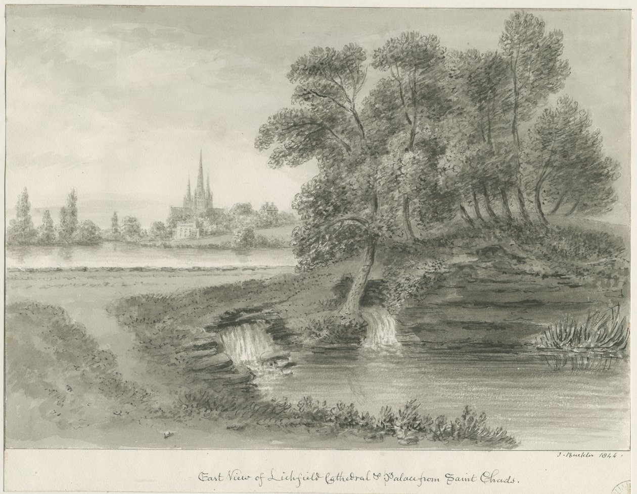 Lichfieldin katedraali - East View: seepiapiirros, 1844 tekijältä John Buckler