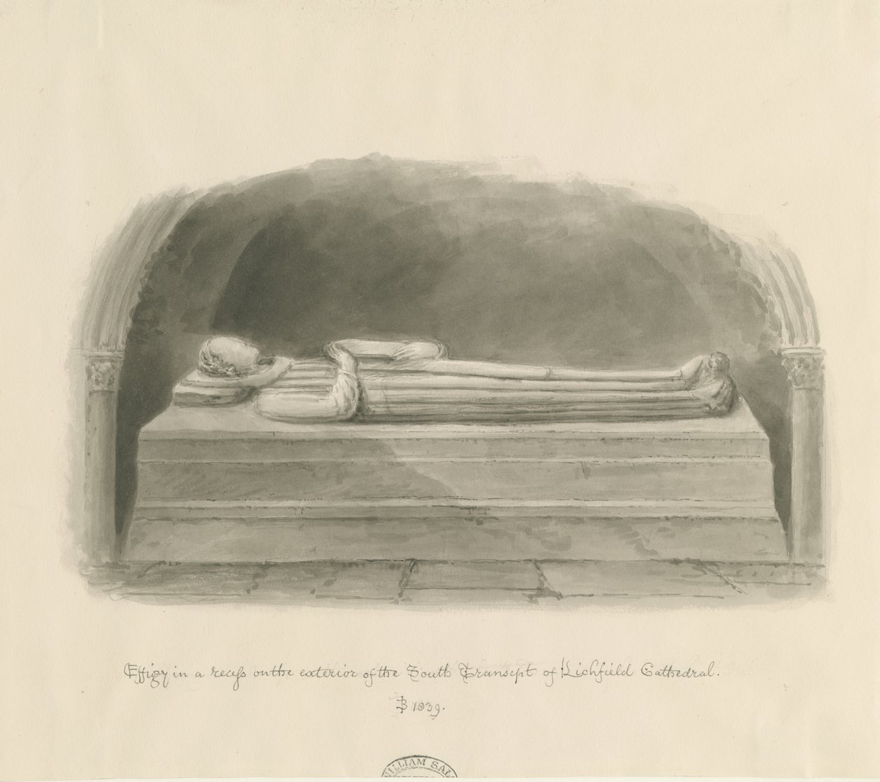 Lichfield Cathedral - Effigy [tuntematon henkilö]: seepiapiirros tekijältä John Buckler