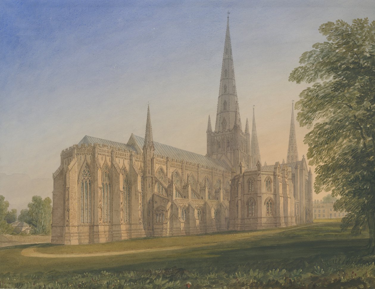 Lichfieldin katedraali - Koillisnäkymä: akvarellimaalaus, nd [1770-1851] tekijältä John Buckler