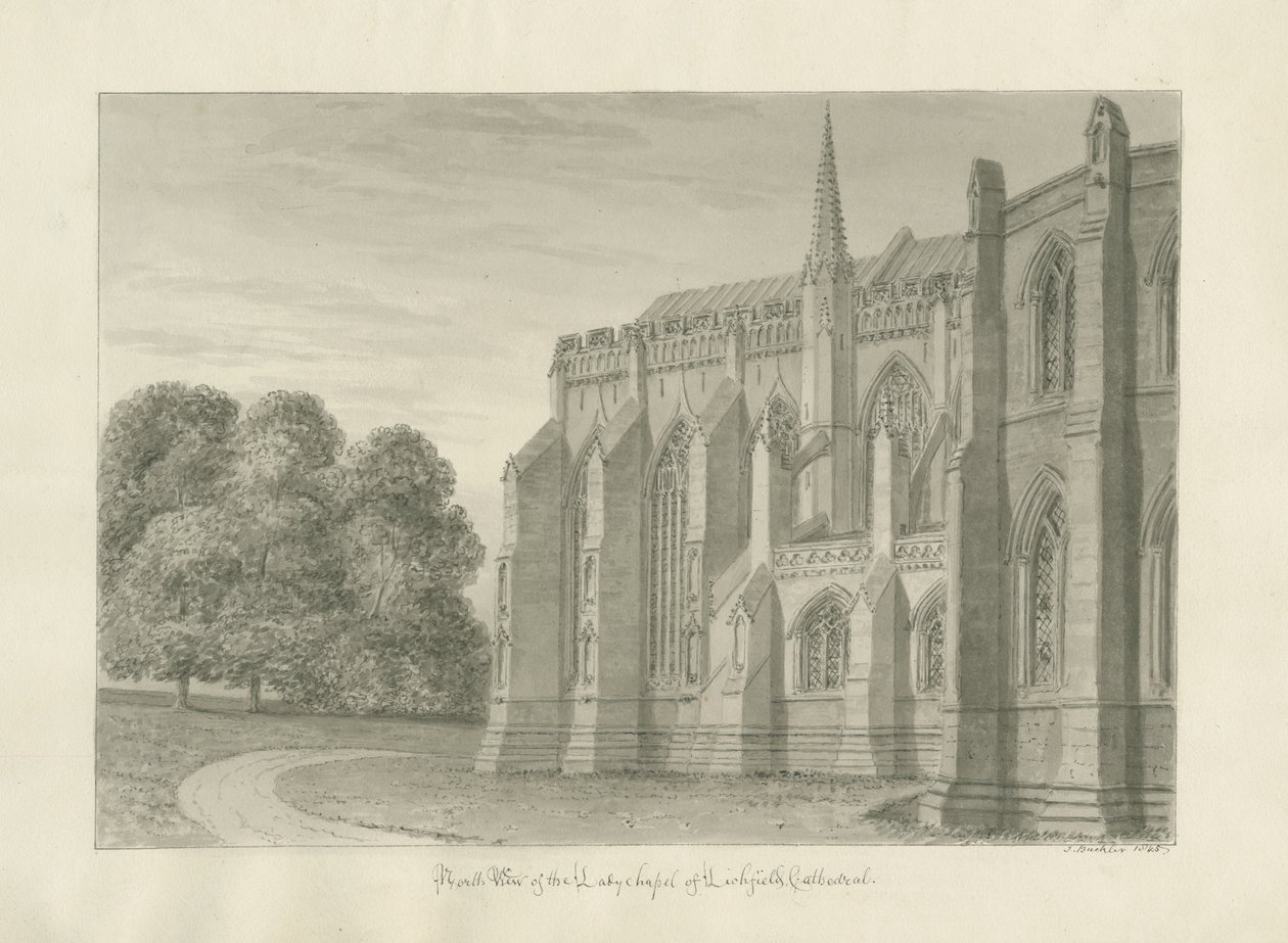 Lichfieldin katedraali - North View: seepiapiirros, 1845 tekijältä John Buckler