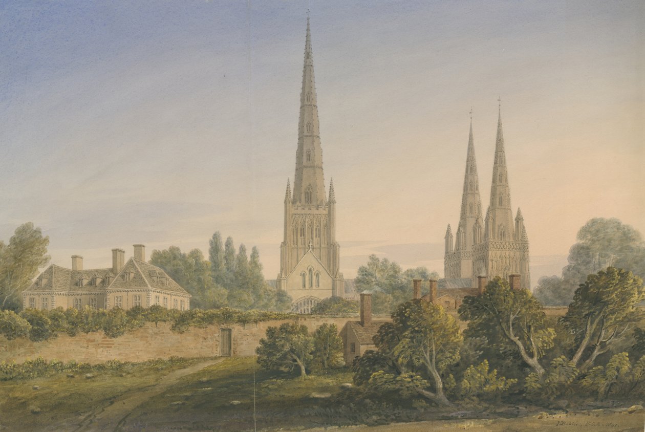 Lichfieldin katedraali - North View: akvarellimaalaus, 1841 tekijältä John Buckler