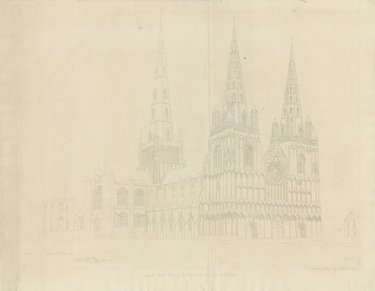 Lichfieldin katedraali - Luoteisnäkymä: etsaus, 1807 tekijältä John Buckler