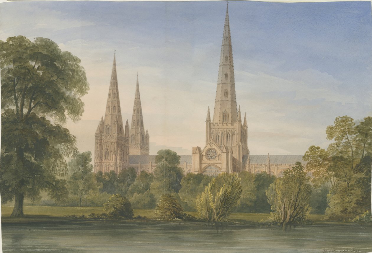Lichfieldin katedraali - Kaakkoisnäkymä: akvarellimaalaus, 1842 tekijältä John Buckler