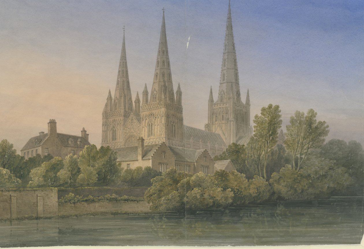 Lichfieldin katedraali - Lounaisnäkymä: akvarellimaalaus, 1839 tekijältä John Buckler