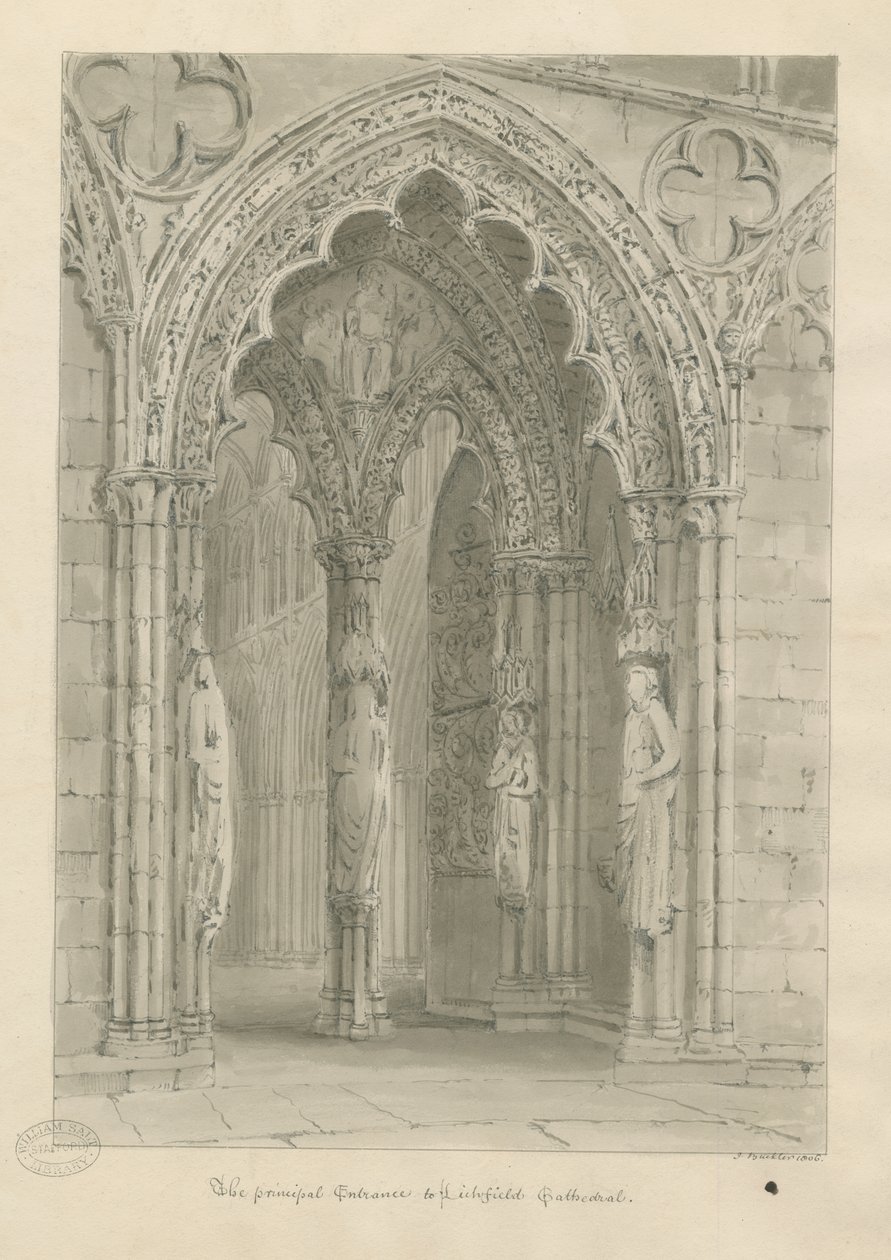 Lichfield Cathedral - West Doorway: seepiapiirros tekijältä John Buckler
