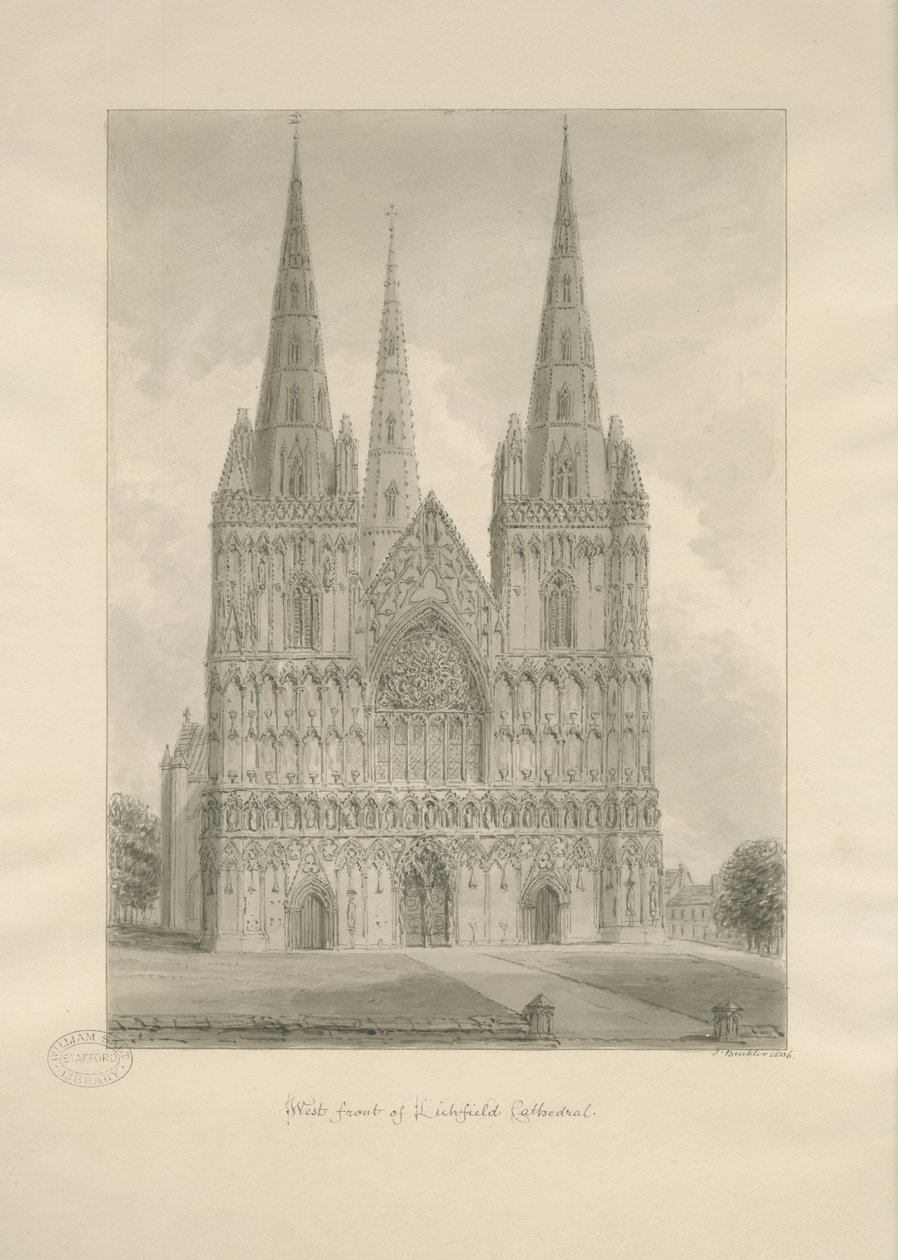 Lichfield Cathedral - West Front: seepiapiirros, 1806 tekijältä John Buckler