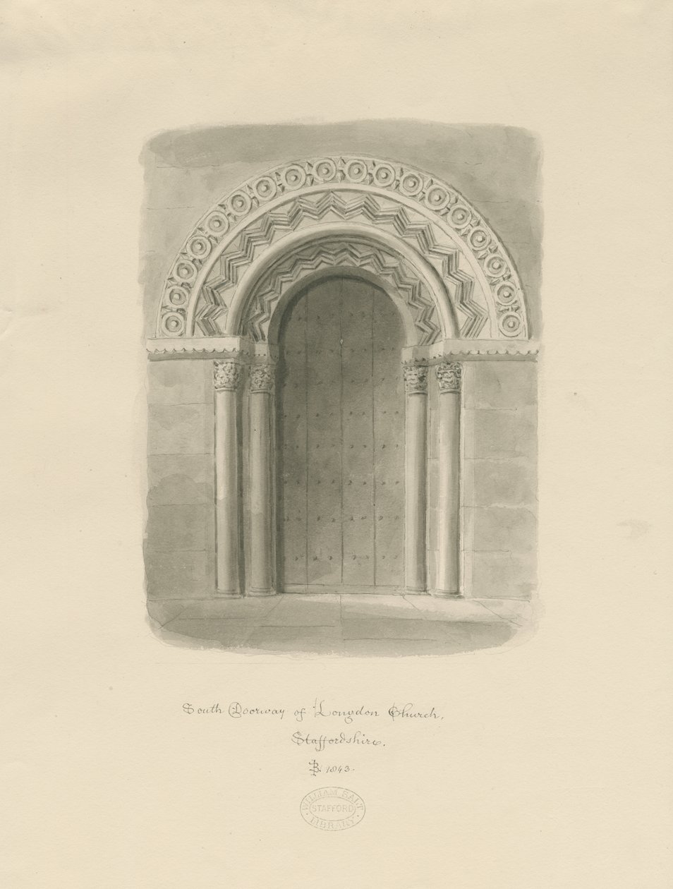 Longdonin kirkko - South Doorway: seepiapiirros tekijältä John Buckler