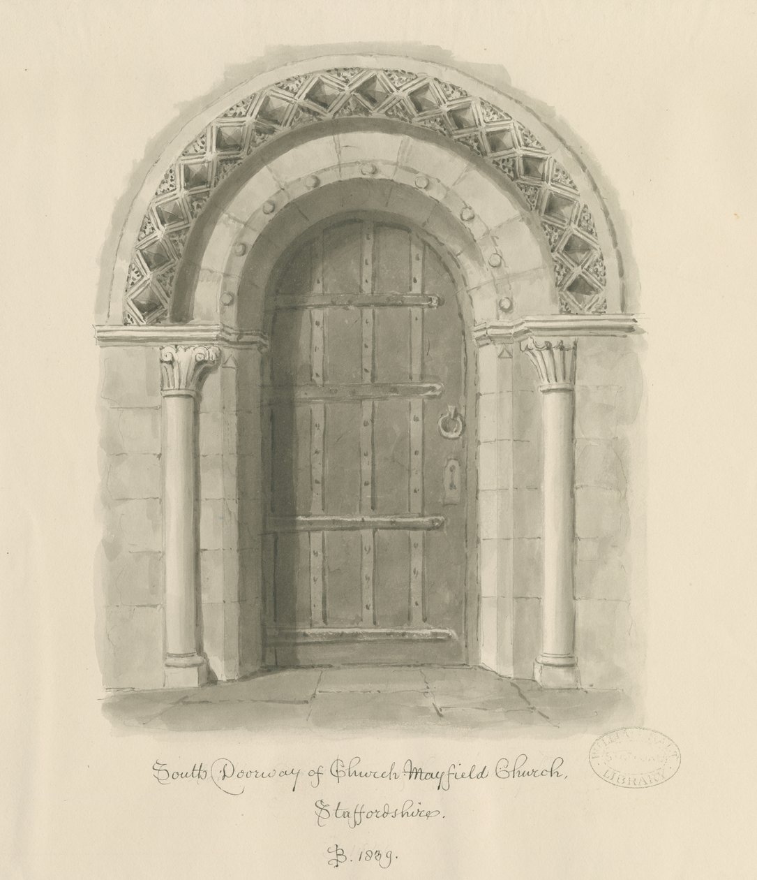 Mayfield Church - South Doorway: seepiapesupiirros, 1839 tekijältä John Buckler