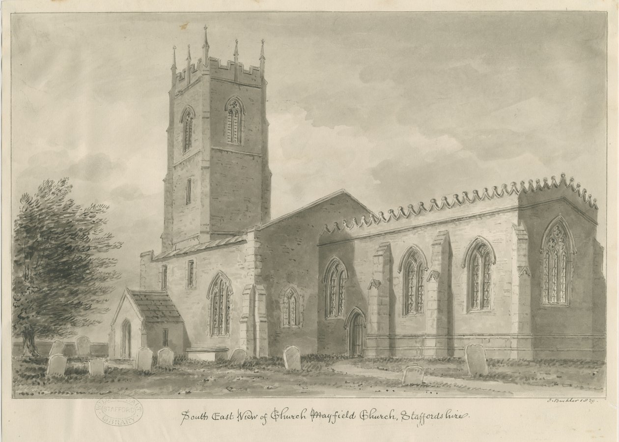 Mayfield Church: seepiapiirros, 1839 tekijältä John Buckler