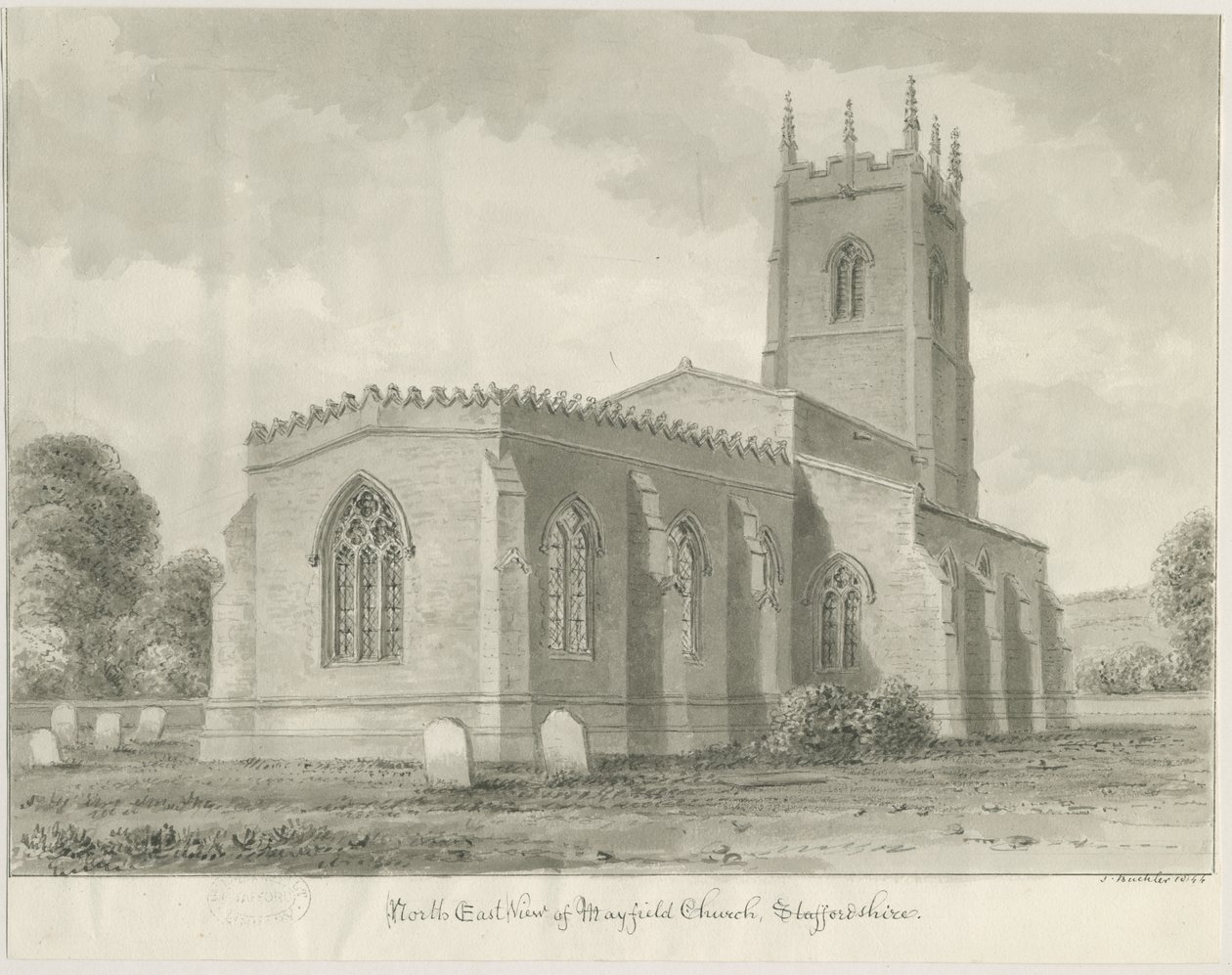 Mayfield Church: seepiapiirros, 1844 tekijältä John Buckler