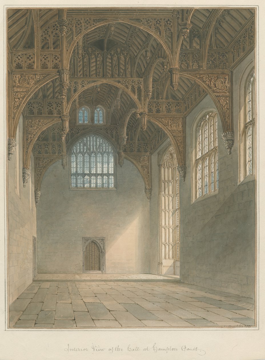Middlesex - Hampton Court - Hallin sisustus, 1821 tekijältä John Buckler