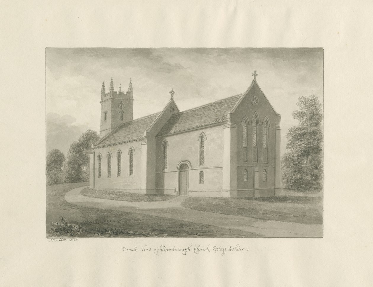 Newborough Church: seepiapesupiirros tekijältä John Buckler