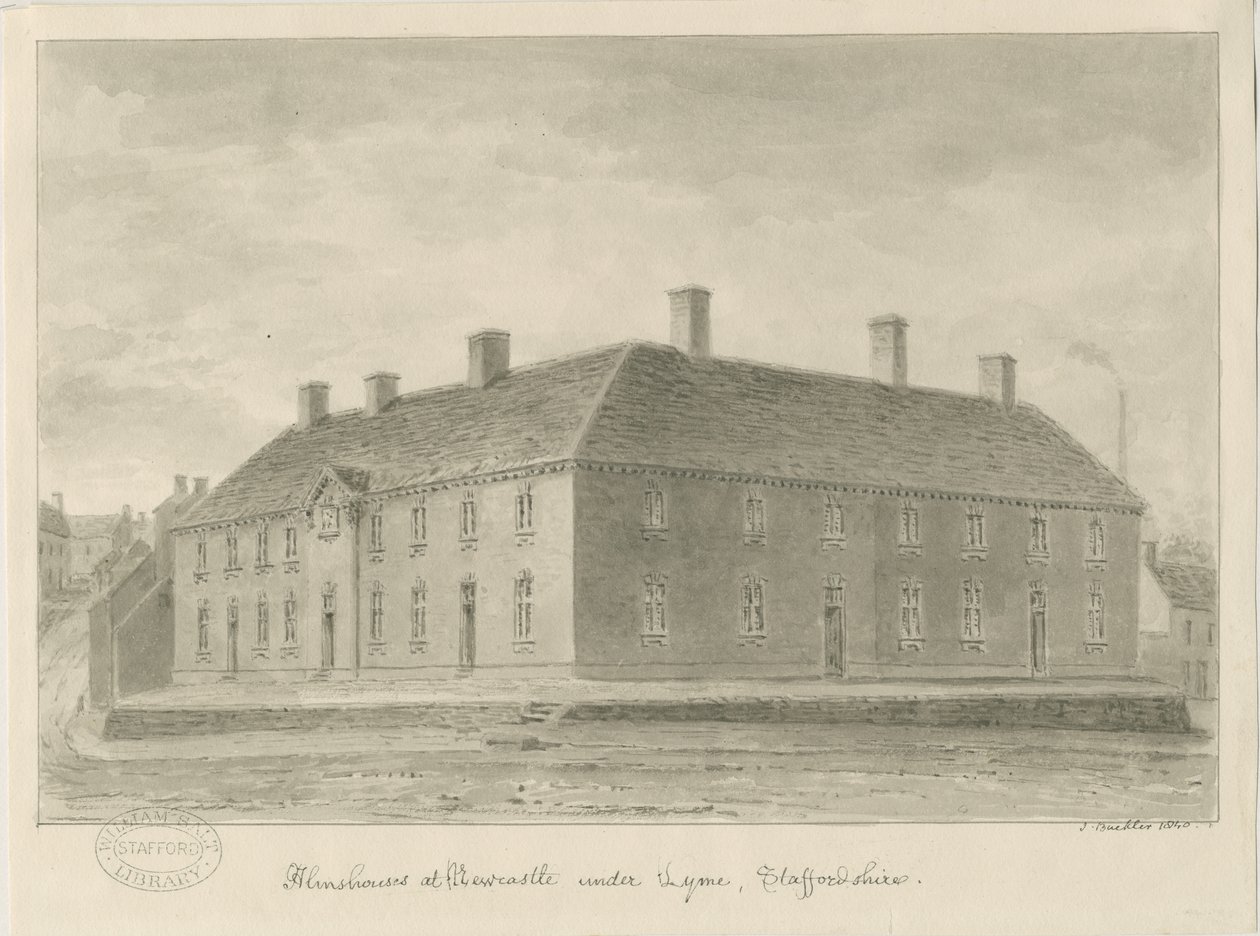 Newcastle-under-Lyme - Almshouses: seepiapiirros, 1840 tekijältä John Buckler
