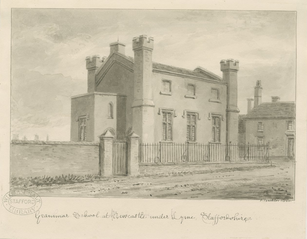 Newcastle-under-Lyme - Grammar School: seepiapesupiirustus, 1840 tekijältä John Buckler