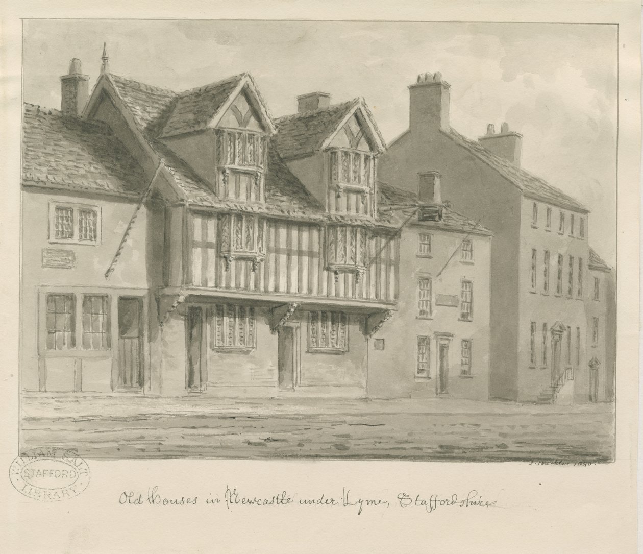 Newcastle-under-Lyme - Vanhat talot: seepiapiirros, 1840 tekijältä John Buckler