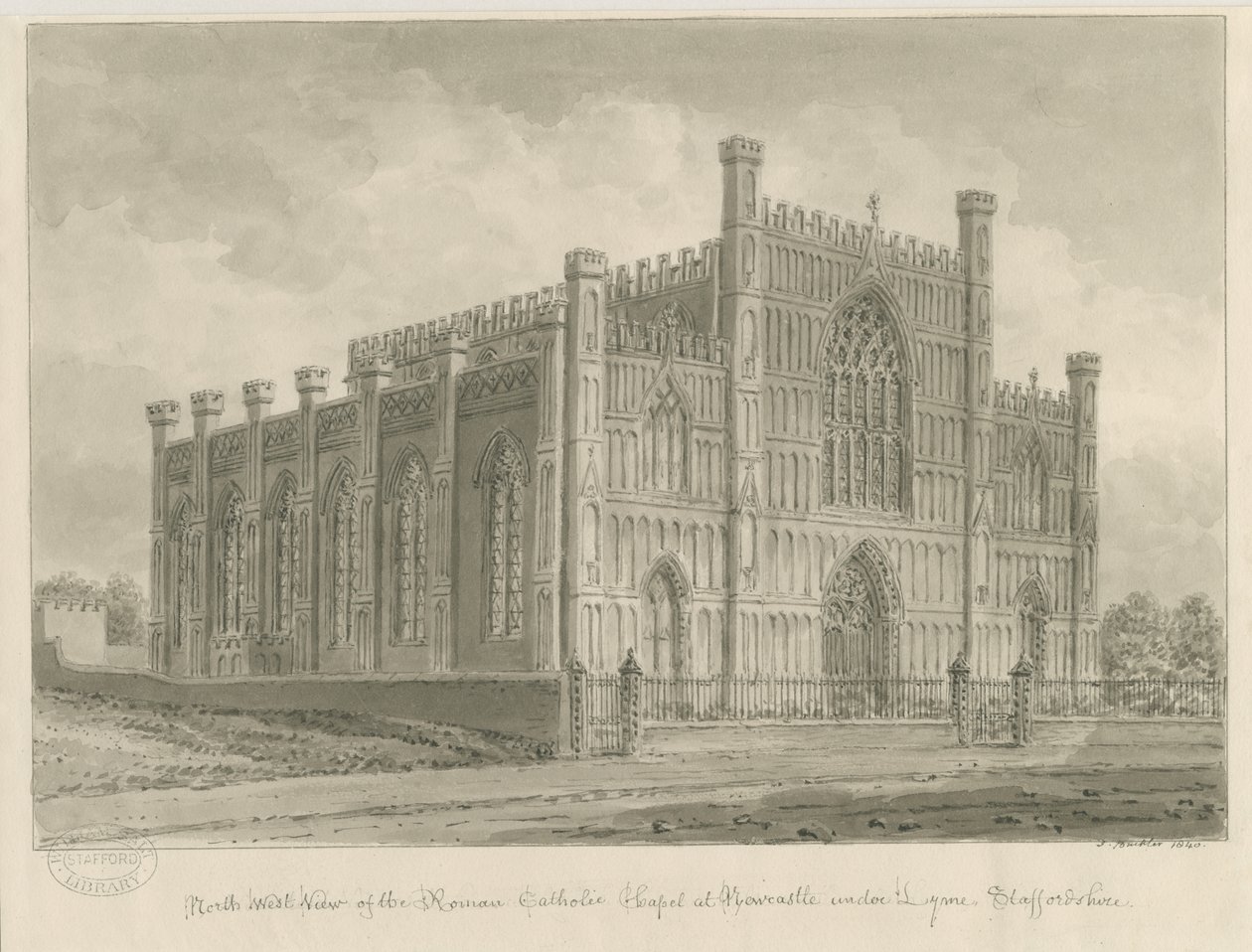 Newcastle-under-Lyme - roomalaiskatolinen kappeli: seepiapesupiirustus, 1840 tekijältä John Buckler