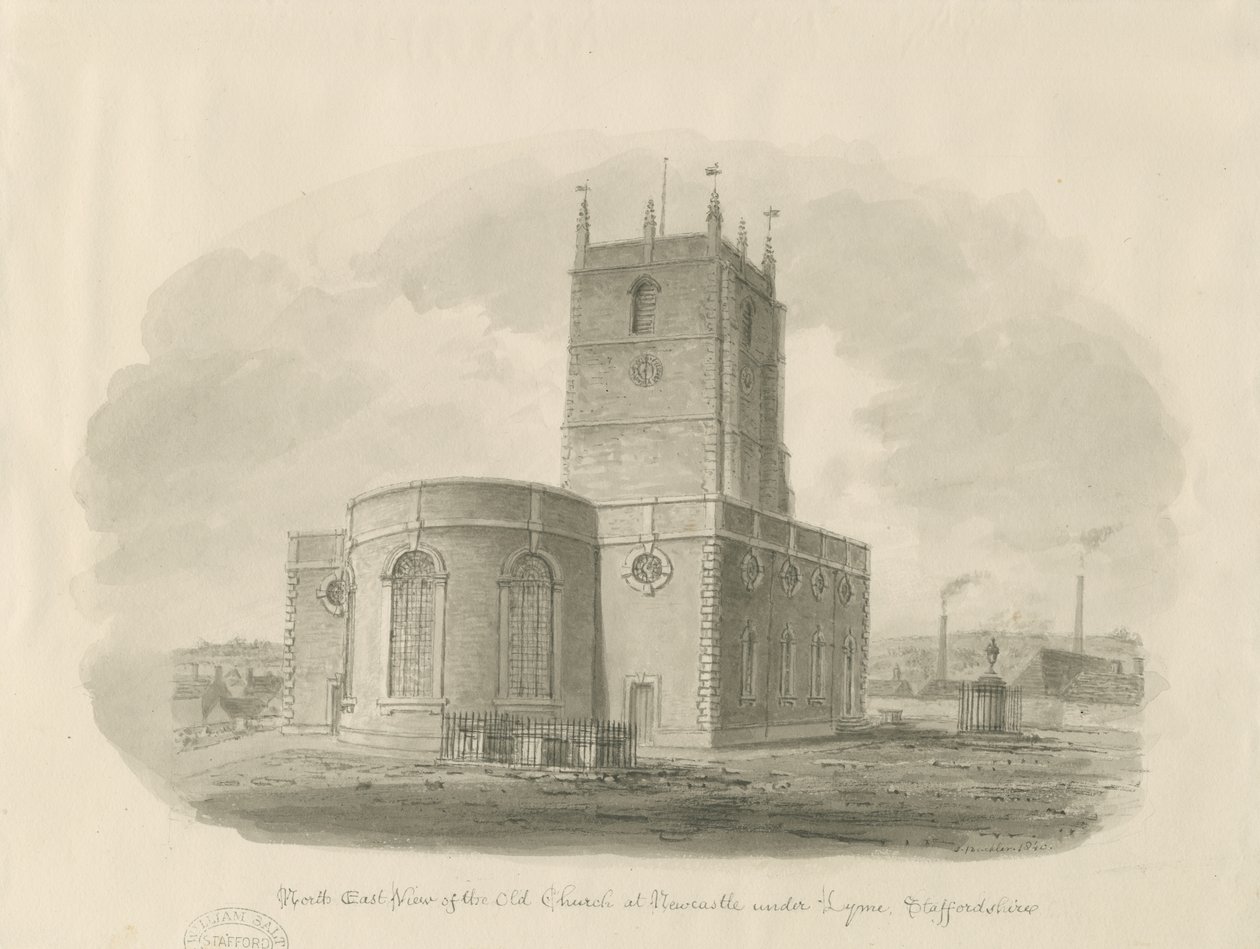 Newcastle-under-Lyme - "St. Giles the Abbot" (Vanha kirkko): seepiapesupiirros. tekijältä John Buckler