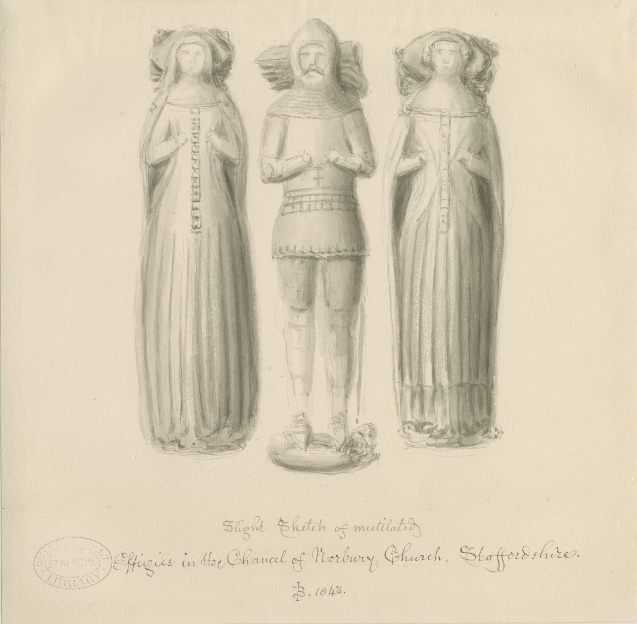Norbury Church - Effigy [Sir Edward Botiler]: seepiapiirustus tekijältä John Buckler
