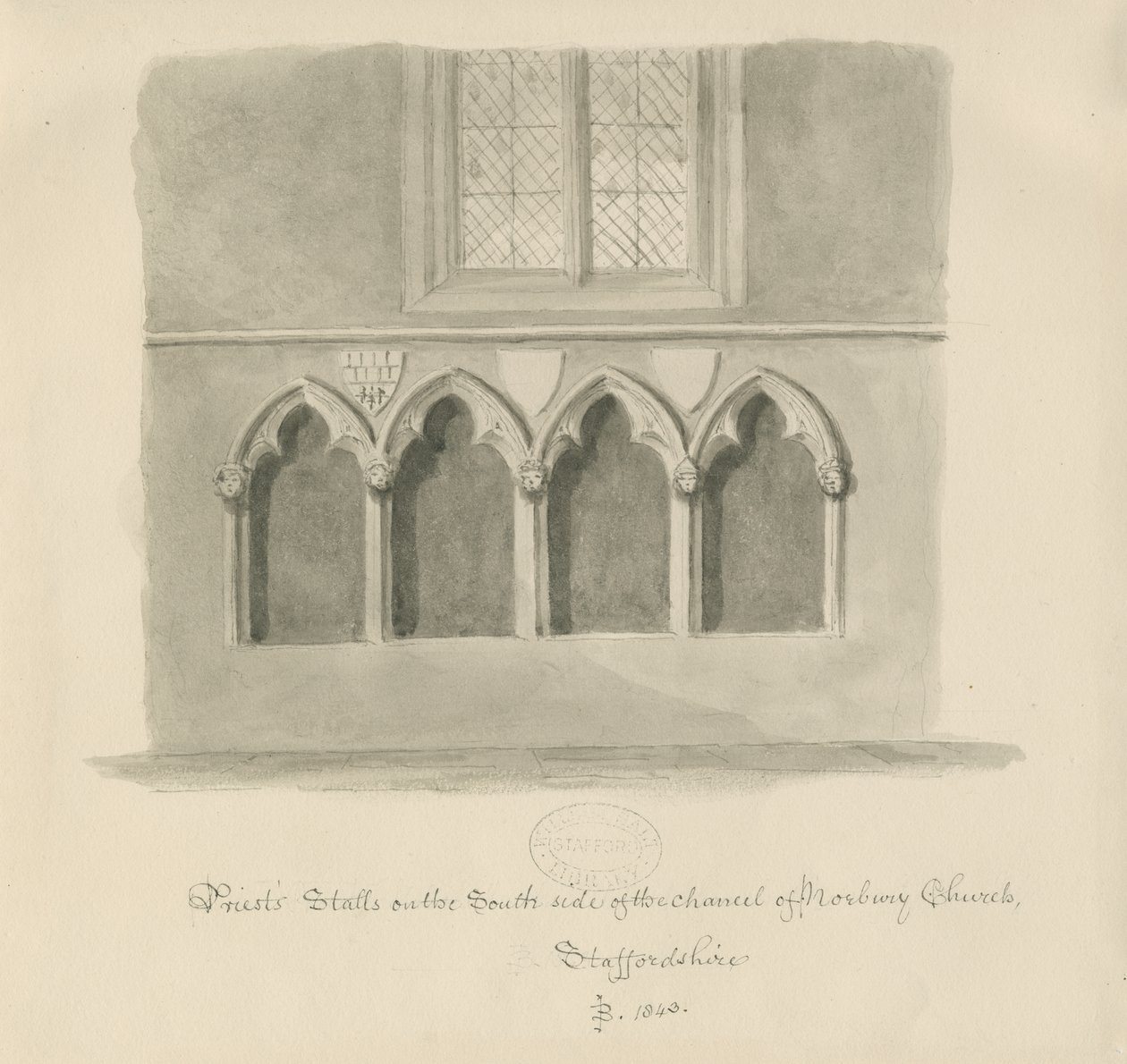 Norbury Church - Priests" -kojut: seepiapesupiirros, 1843 tekijältä John Buckler