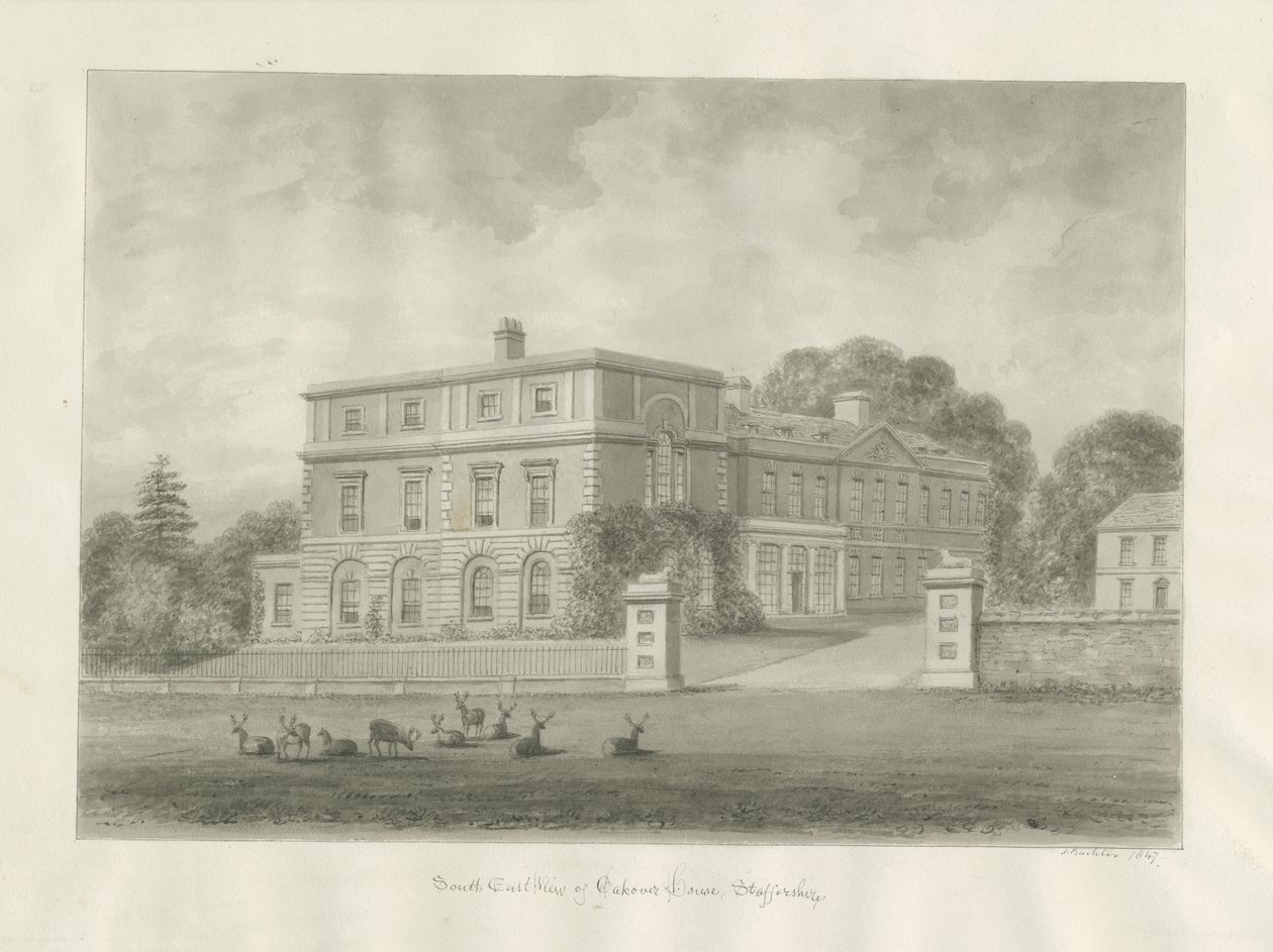 Okeover Hall: seepiapesupiirustus, 1847 tekijältä John Buckler