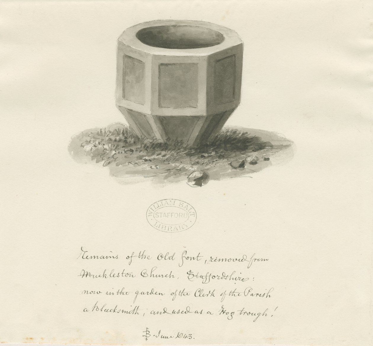 Vanha fontti Mucklestonen kirkosta: seepiapesupiirustus, kesäkuu 1843 (piirustus) tekijältä John Buckler