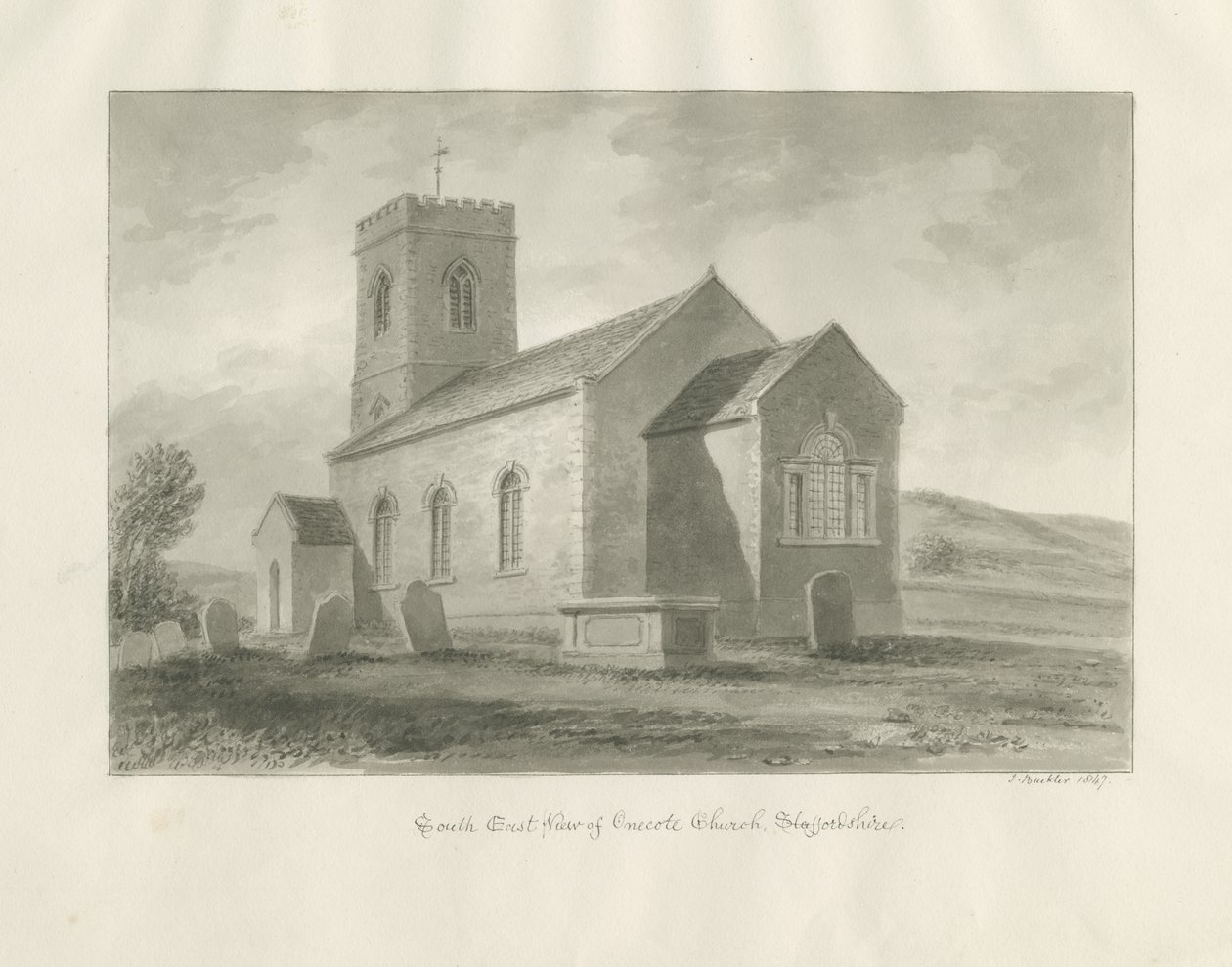 Onecote Church: seepiapesupiirustus, 1847 tekijältä John Buckler