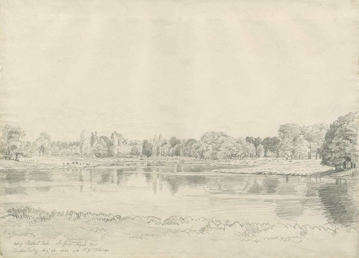 Patshull House - Puisto ja uima-allas: lyijykynäpiirros, 25. elokuuta 1820 tekijältä John Buckler