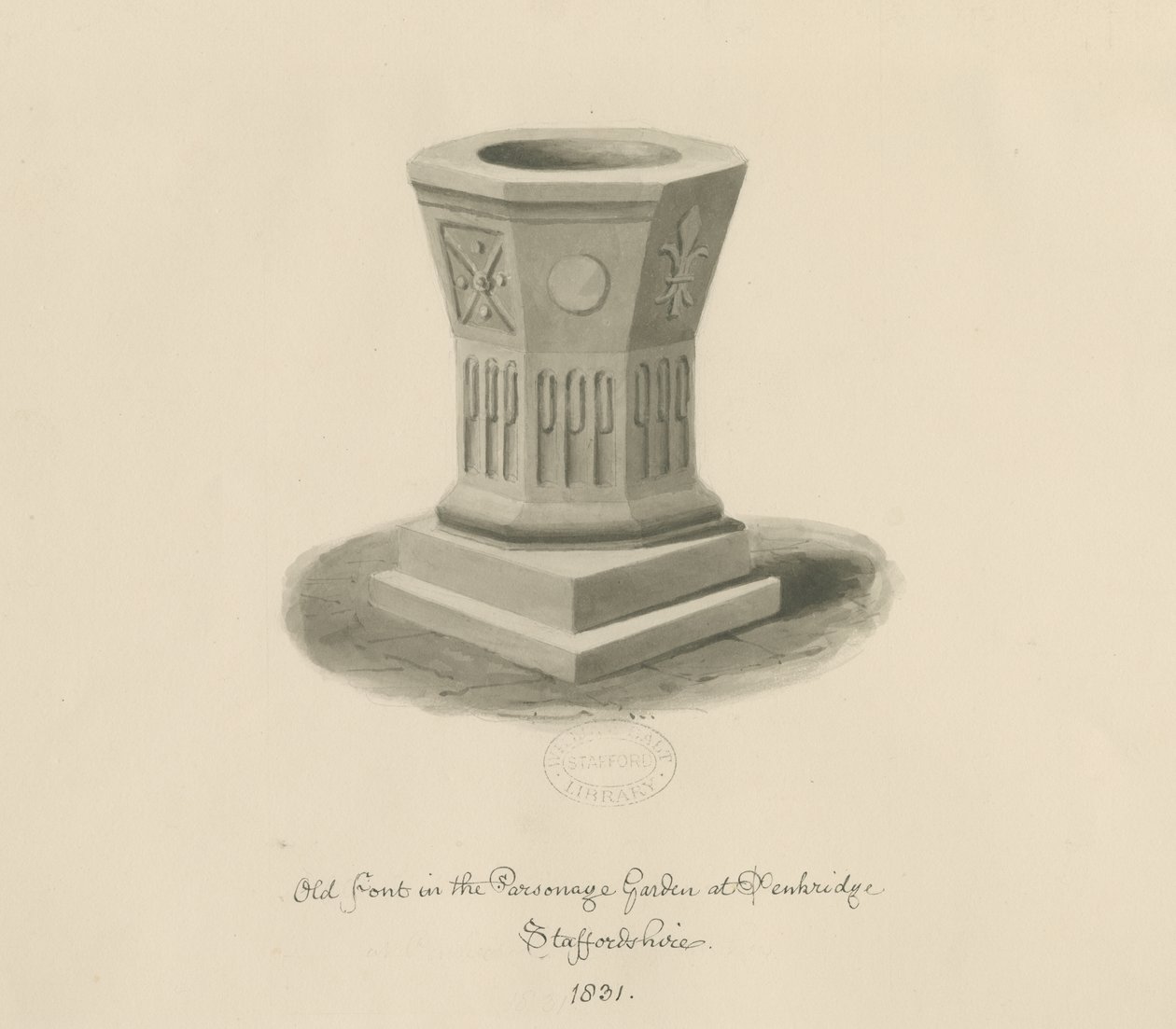 Penkridge - Font in Parsonage Garden: seepiapiirros tekijältä John Buckler