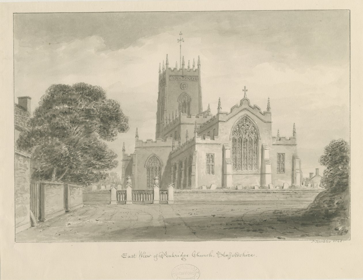 Penkridge Church: seepiapiirros tekijältä John Buckler