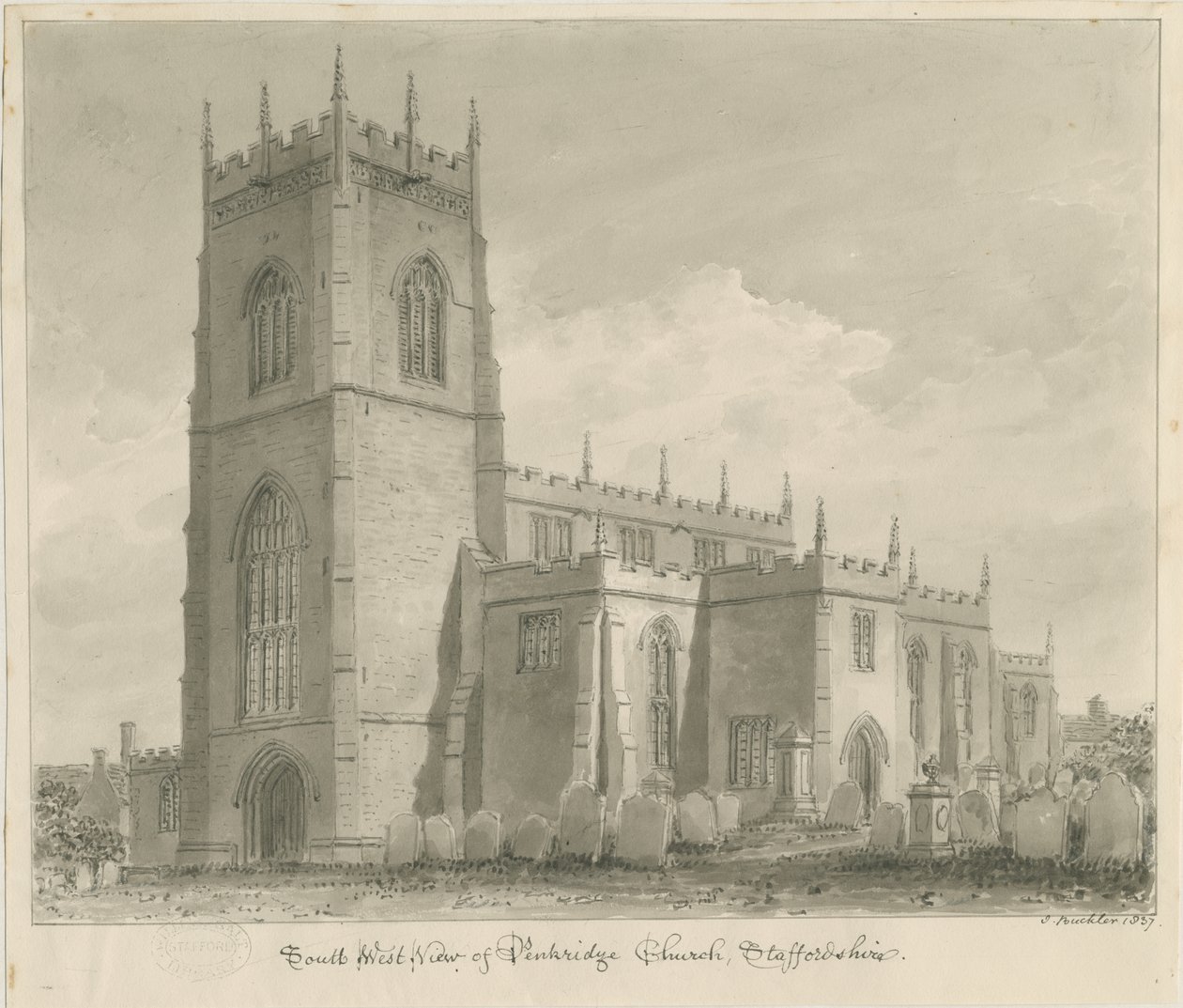 Penkridge Church: seepiapiirros, 1837 tekijältä John Buckler