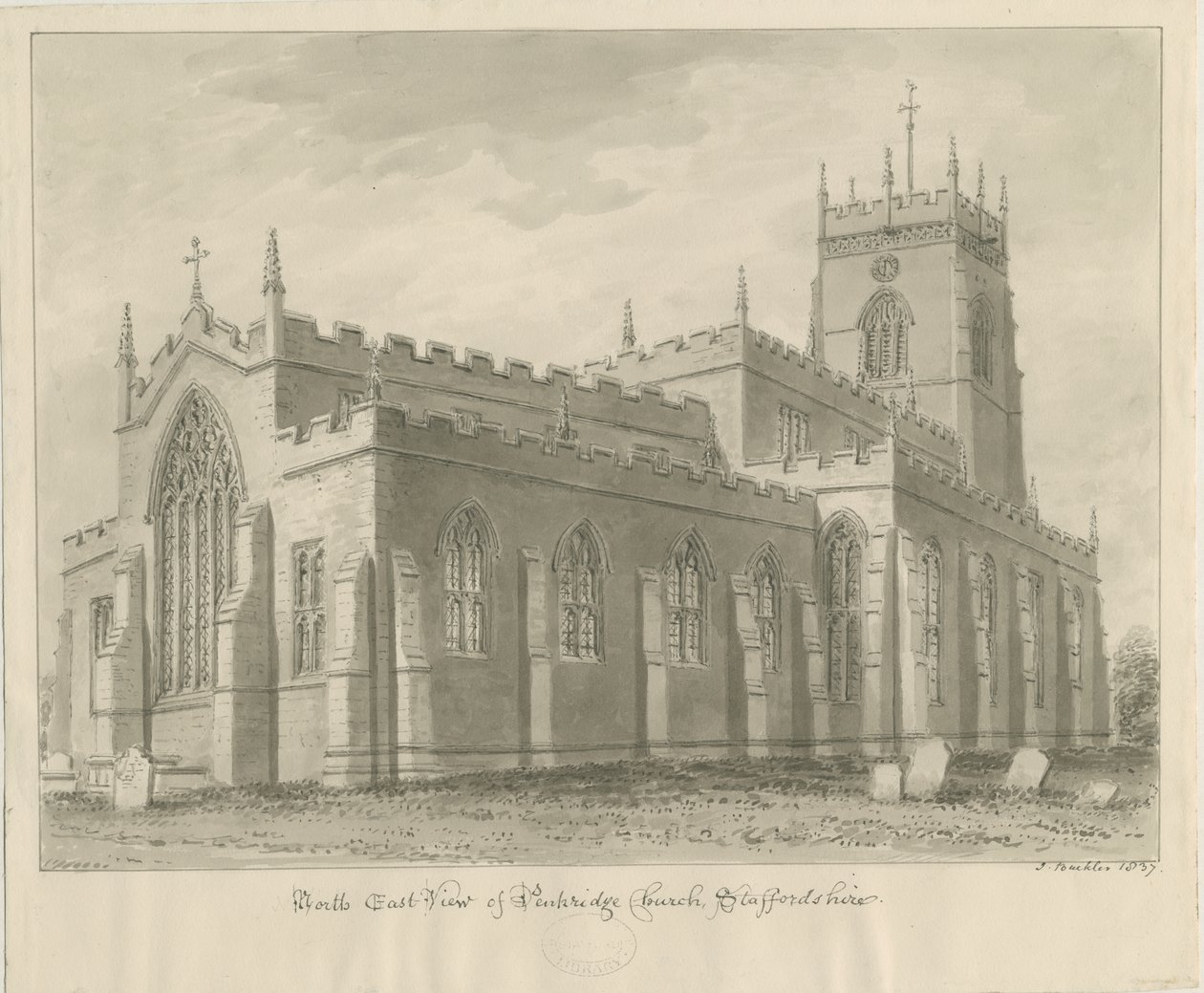 Penkridge Church: seepiapiirros, 1837 tekijältä John Buckler