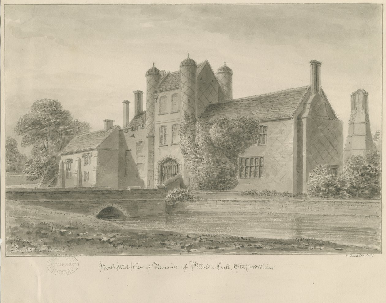 Pillaton Hall: sepia drawing, 1841 tekijältä John Buckler