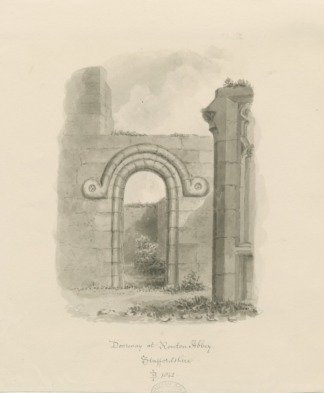Ranton Abbey [Priory] - Oviaukon jäänteet: seepiapiirros tekijältä John Buckler