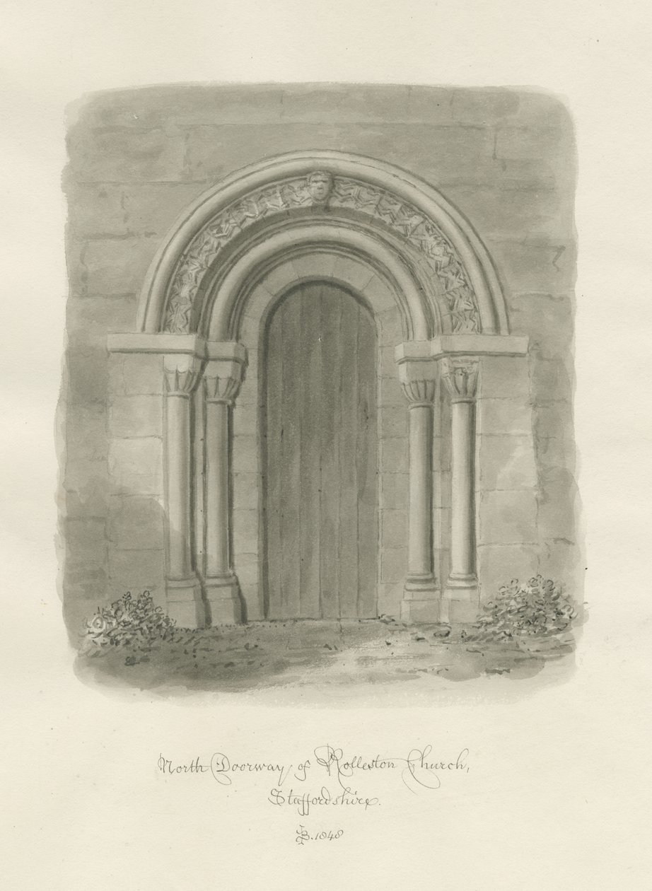 Rollestonin kirkko - North Doorway: seepiapiirros tekijältä John Buckler