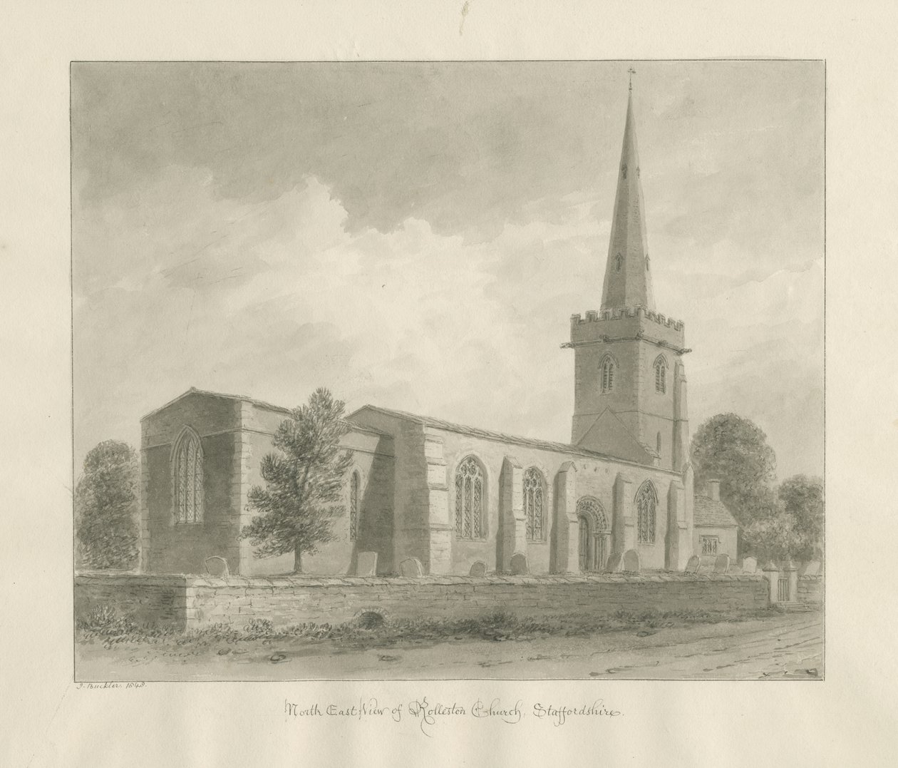 Rollestonin kirkko: seepiapiirros, 1848 tekijältä John Buckler