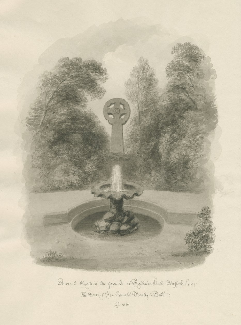 Rolleston Hall - Muinainen risti: seepiapiirros, 1848 tekijältä John Buckler