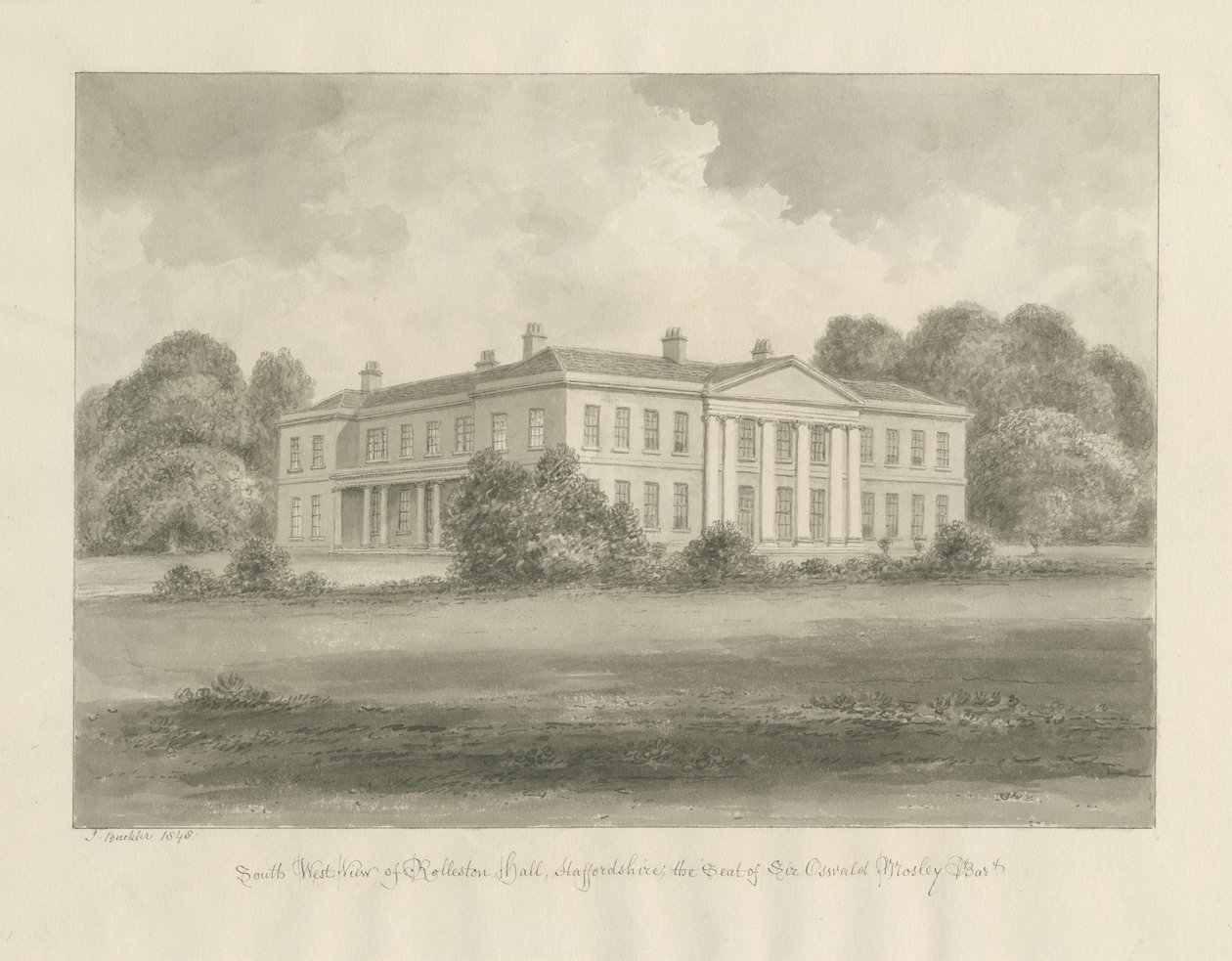 Rolleston Hall: seepiapiirustus tekijältä John Buckler