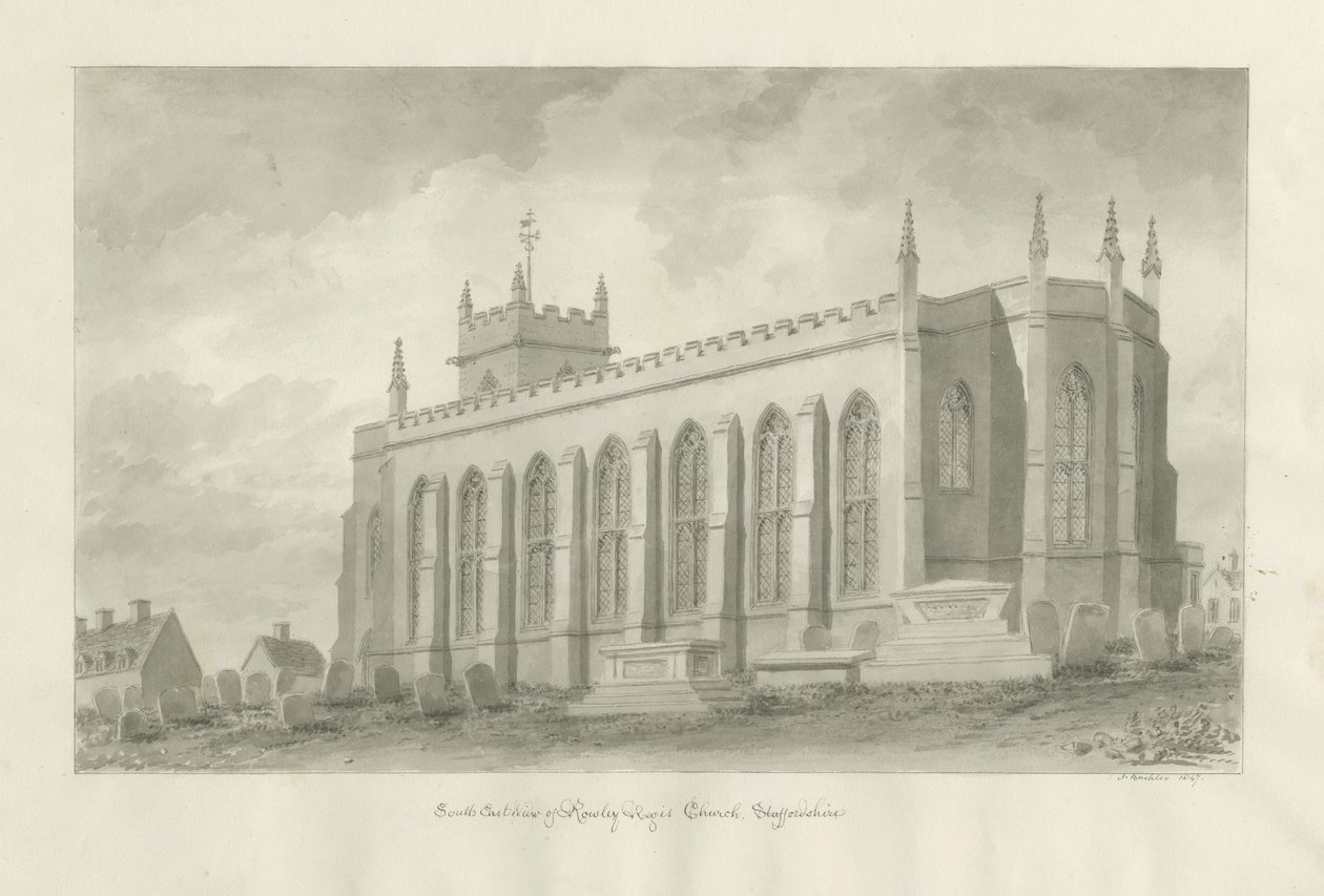 Rowley Regis Church: seepiapiirustus, 1847 tekijältä John Buckler
