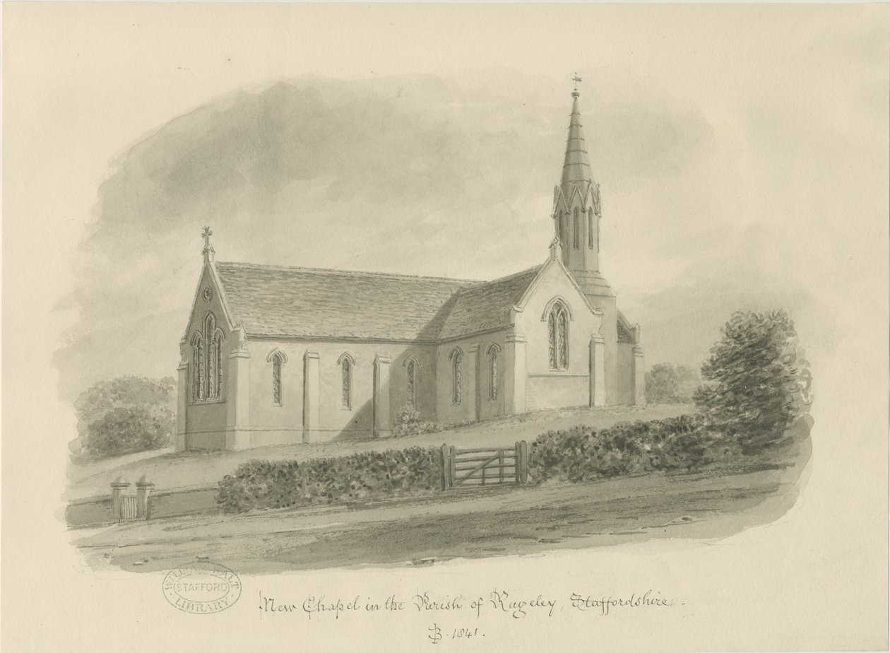 Rugeley - Brereton Chapel: [St. Michaelin kirkko, Brereton] seepiapesupiirustus, 1841 tekijältä John Buckler