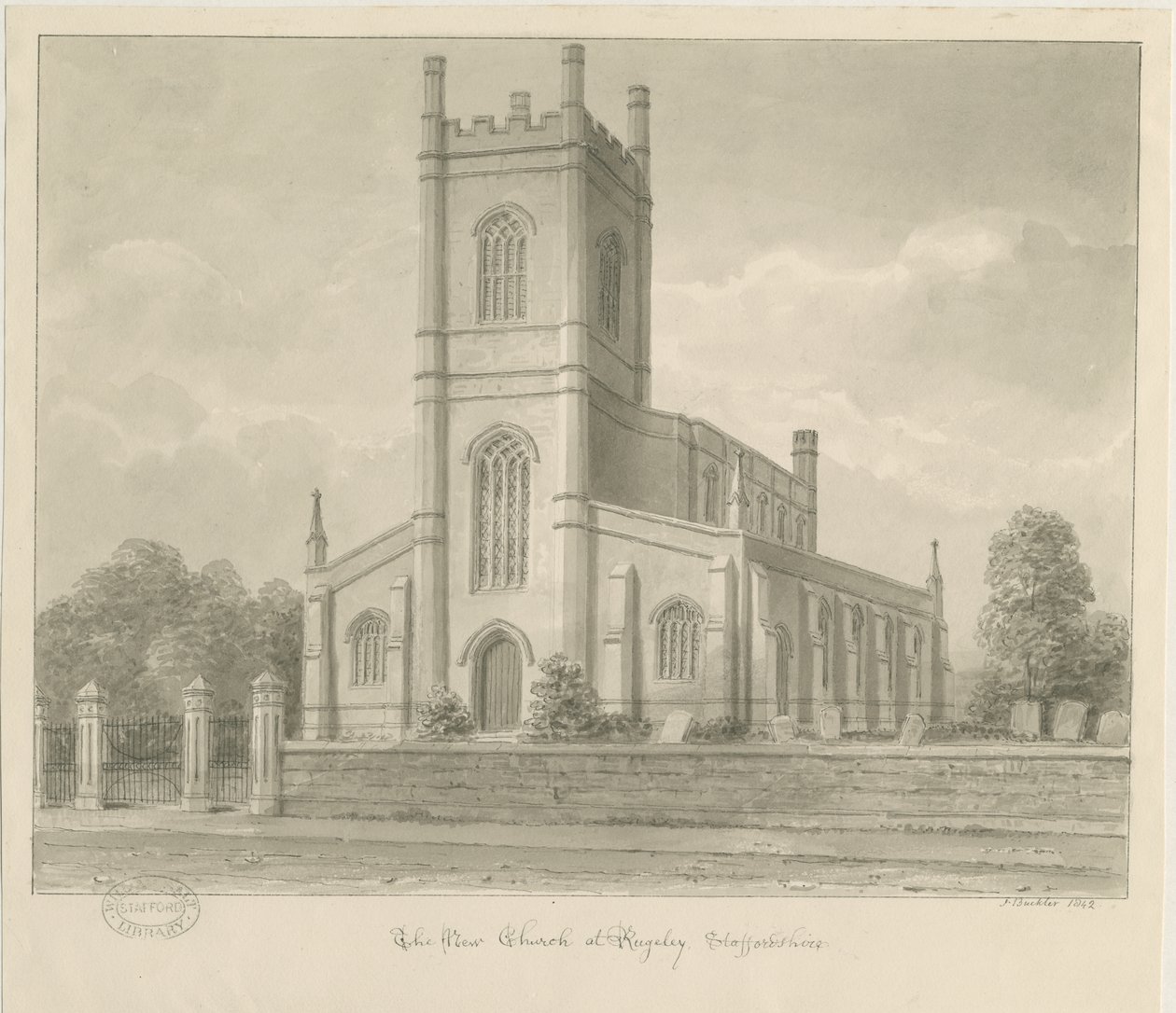 Rugeley Church (uusi): seepiapesupiirustus tekijältä John Buckler