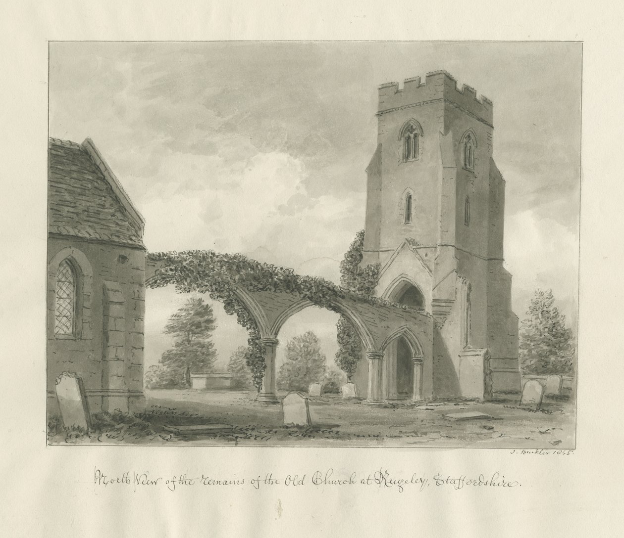 Rugeley Church (vanha): seepiapiirustus tekijältä John Buckler